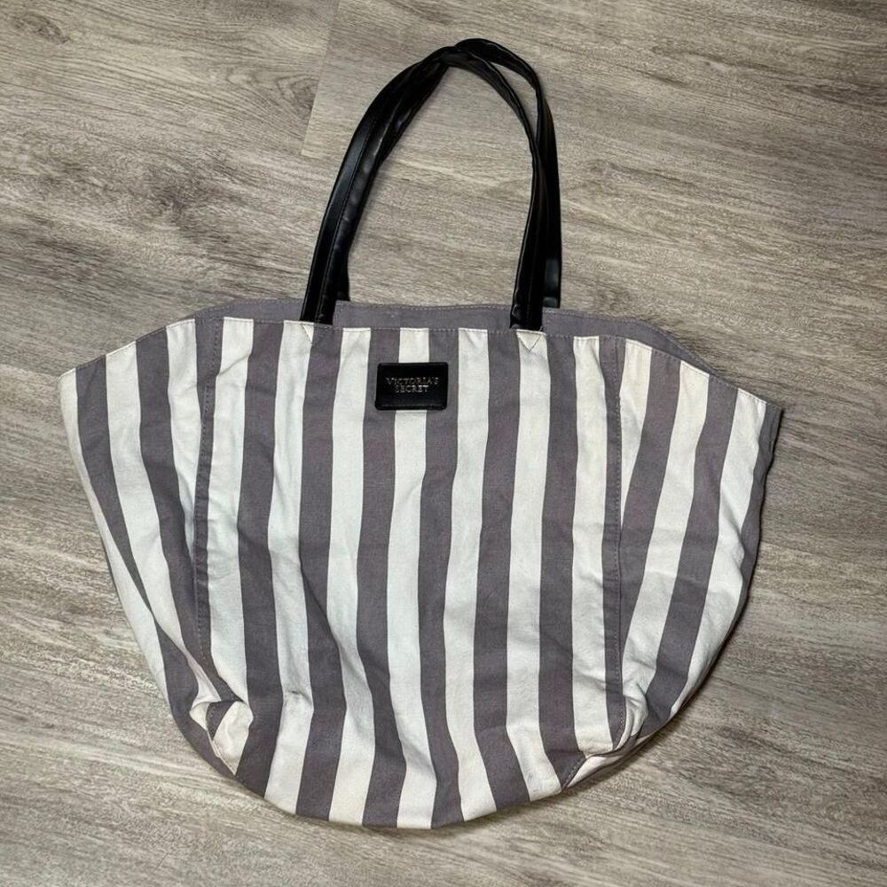 Victoria's Secret Striped Canvas Tote Bag Large Gray White Travel Beach
